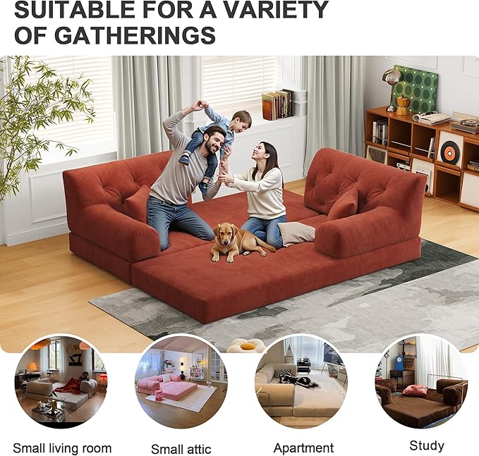 Carzzi-Life 79" Convertible Sofa Bed with Pillows, Corduroy Folding Sleeper Sofa with Fixed-Shape Frame, Boneless Couch for Living Room Bedroom, Floor Sofa Lounge No Assembly Required (Orange)