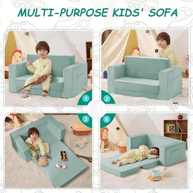 Kids Couch, 2-in-1 Toddler Chair Comfy 1-3 Years, Convertible Kids Chair, Toddler Couch That Fold Out, Kid Lounge Chairs for Boys and Girls, Soft Coral Fleece, Double, Teal
