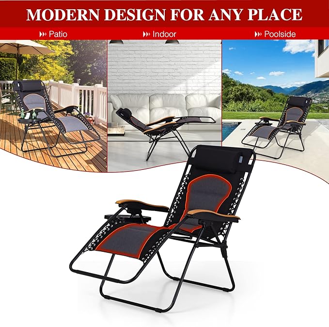 PHI VILLA XXL Oversized Padded Zero Gravity Chair Set of 2, Foldable Patio Recliner, 30" Wide Seat Anti Gravity Lounger with Armrest and Cup Holder, Support 400 LBS (Black & Orange Accents)