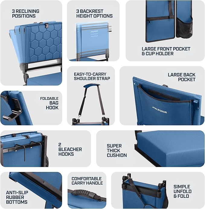 Extra Wide Folding Reclining Stadium Seat with Back Suppot for Bleachers, Bleacher Hooks, Thick Cushion, Cup Holder, Storage Pockets – Portable Chair for Kayak, Canoe, Paddle Board, Concerts, & Sports