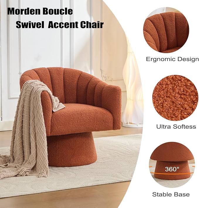 Swivel Accent Chair,Upholstered Teddy 360° Swivel Barrel Chair for Living Room Overstuffed Bouncle Reading Chair Round Armchair for Bedroom,Vanity,Office-Orange