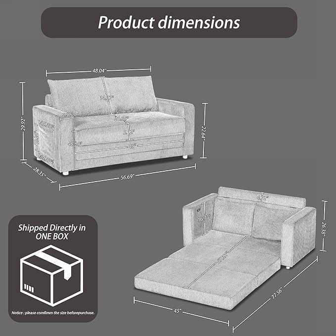 Chorlenimi Convertible Sofa Bed Comfy Linen Sleeper Sofa with Storage Pockets,USB Charging Port,Futon Floor Couch for Living Room,Bedroom,Apartment(Grey, 48 Inches)