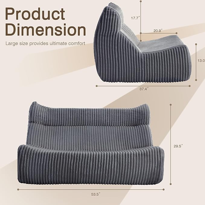 Big Bean Bag Chairs, Lazy Floor Sofa, Fireside Chair for Living Room, Bedroom, Office (Grey, Loveseat)