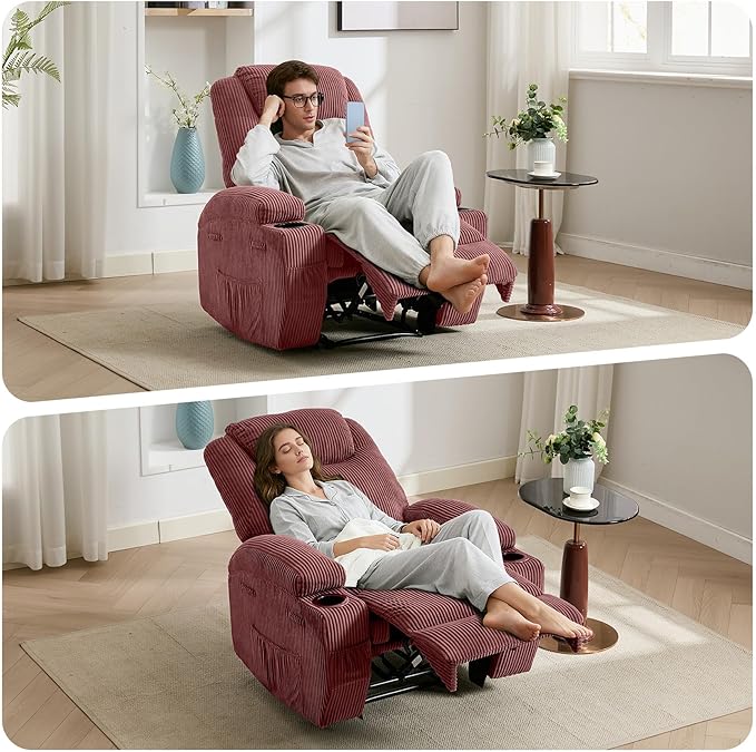 Massage Recliner Chair with Heat - Ultra-Comfortable Reclining (135° Adjustable), Dual Cup Holders & Side Storage Pockets, Easy Tool Assembly, Dark Green
