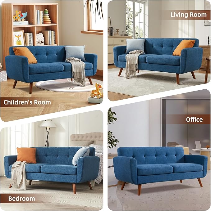 Tbfit 65" W Loveseat Sofa, Mid Century Modern Decor Love Seat Sofas and Couches for Living Room, Button Tufted Upholstered Small Couch for Bedroom, Solid and Easy to Install Love Seats Furniture, Blue | linen fabric, button tufted, solid wood foot, poc...