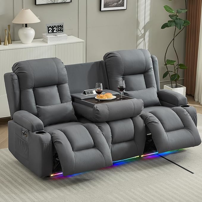 URRED Loveseat Recliner Sofa with Massage and Heat, Flip Middle Backrest Design 3 Seat Power Reclining RV Sofa Couch, Home Theater Seating with LED Lights, USB Ports, Outlets, Leathaire Blue