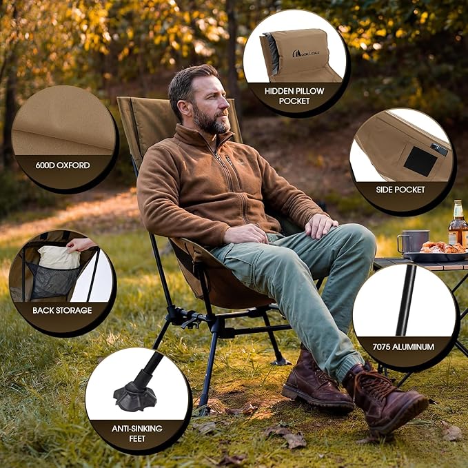 MOON LENCE Oversized High Back Camping Chair for Adults, Height Adjustable Folding Camping Chair with 400 lbs Capacity, Hidden Pillow Pocket and Wide Seat for Camping, Hiking, Picnics, Khaki