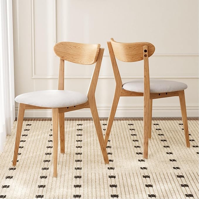 Grewood 100% Solid Oak Wood Dining Chairs,Mid Century Modern Dining Chairs with Upholstered Cushion,Kitchen,Dining Room Chairs Set of 4 (4, Original Color White Upholstery)