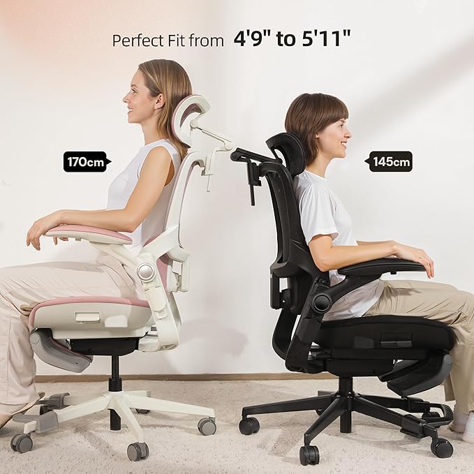 CabLady S2 Petite Ergonomic Office Chair for Women, Small Frame Desk Chair with Adjustable Lumbar, Headrest & Footrest, Space-Saving Flip-Up Armrests
