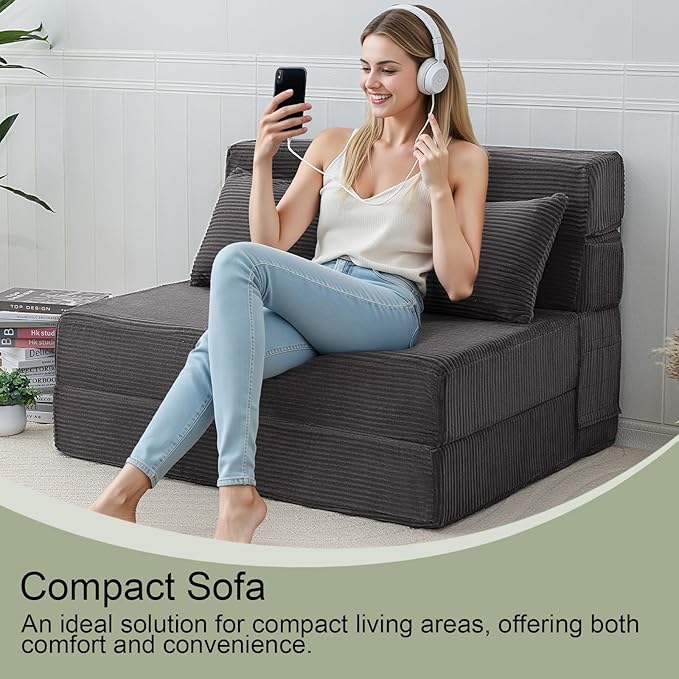 MeMoreCool Boneless Folding Sofa Bed – Corduroy 4-in-1 Convertible Chair, Fold-Out Futon Couch Bed for Living Room or Guest Use | Machine-Washable Covers | Comfy Foam Mattress