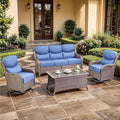 moosprr Luxury High Back Outdoor Furniture with 6-inch Extra Thick Cushions, Patio Furniture Set with Swivel Chairs, 4 PCS Wicker Conversation Set for Yard, Deck, Poolside, Brown/Blue