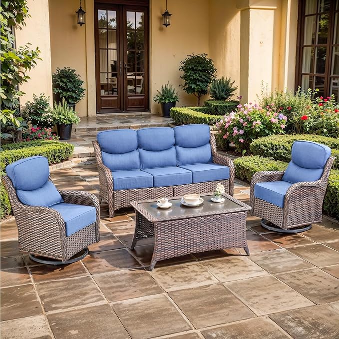 moosprr Luxury High Back Outdoor Furniture with 6-inch Extra Thick Cushions, Patio Furniture Set with Swivel Chairs, 4 PCS Wicker Conversation Set for Yard, Deck, Poolside, Brown/Blue