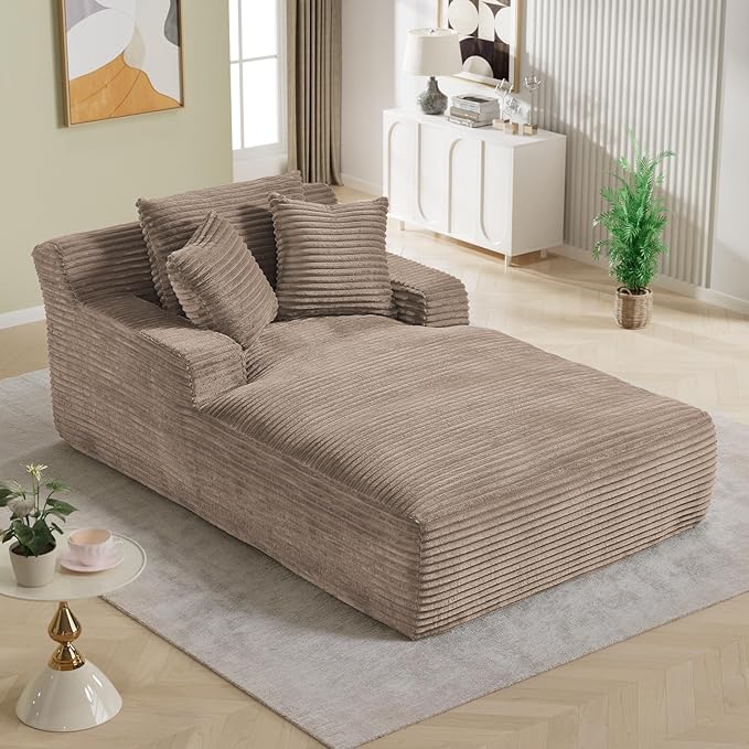 50"W x 76"D Oversized Chaise Lounge Chair Indoor Boneless Reading Chair Plush Corduroy Recliner Large Deep Seat Upholstered Sleeper Comfy Sofa Bed Couch with 3 Pillows for Living Room Bedroom, Camel