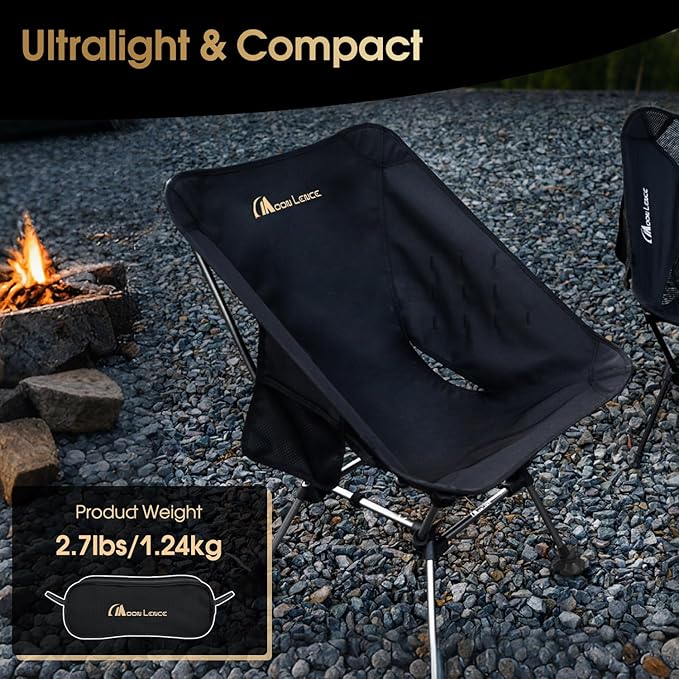 MOON LENCE Portable Camping Chair Plus Size, Folding Backpacking Beach Chair with Groundgrip Feet, Upgraded Comfort & Size, Still Compact and Lightweight for Hiking, 330Lbs Capacity (Black)
