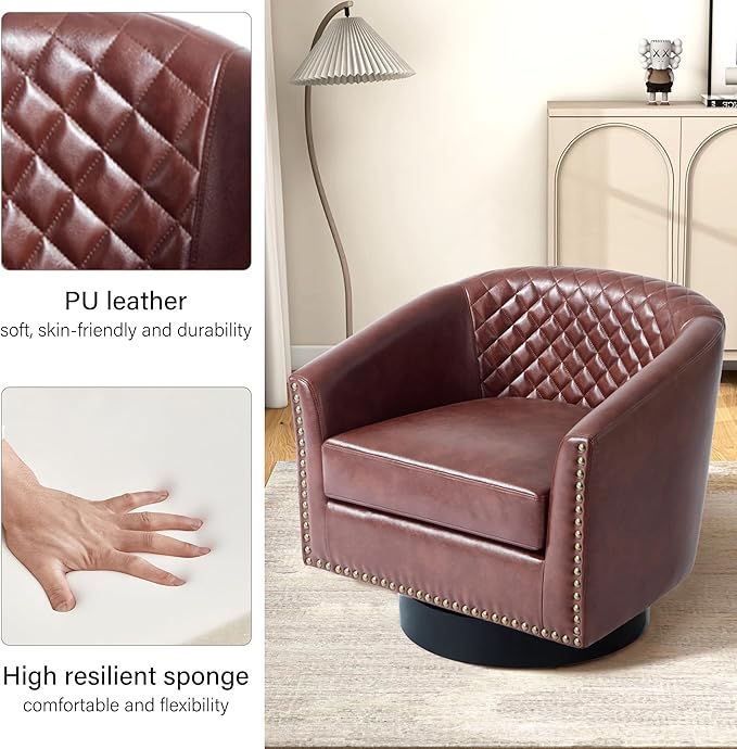 DREAMSIDEA Swivel Barrel Accent Chair, Comfy Modern Upholstered Round Faux Leather Arm Chair for Living Room, Bedroom（Red Brown, Set of 4