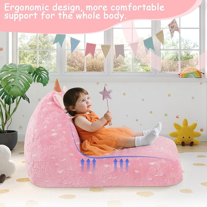 COMAX Unicorn Bean Bag Chairs for Kids, Kid Beanbag Chair with Filler, Toddler Lounge Bean Chair, Children Lazy Floor Lounger for Girls Boys, Glowing Pink Unicorn