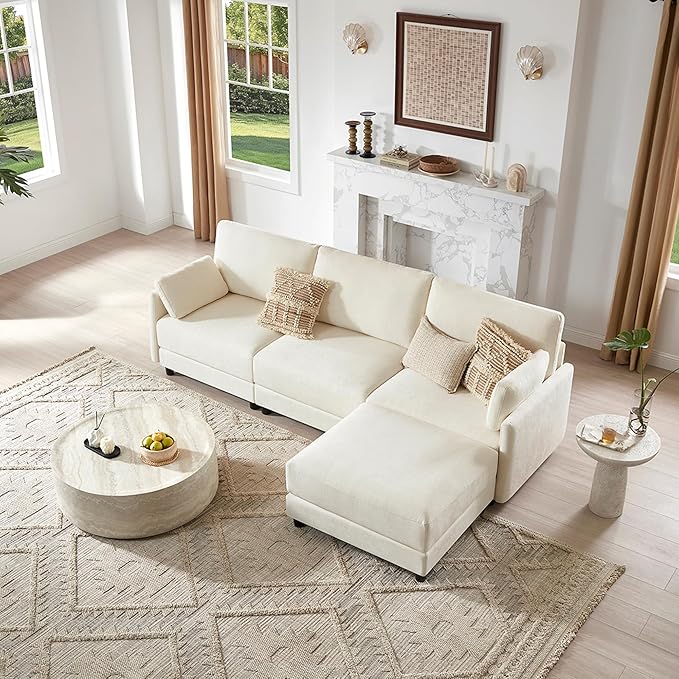 CHITA L Shaped Modular Sectional Sofa with Ottoman, Modern Cloud Couch for Living Room and Apartment, 4 Seat Extra Comfty Sofa, Removable Cover, 107 Inch Width, Cream