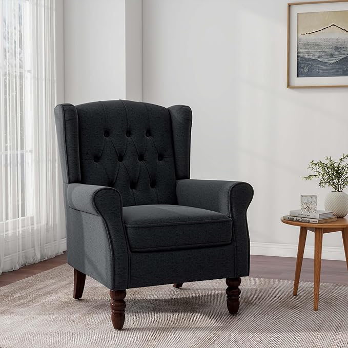DREAMSIDEA Accent Chair, Upholstered Armchair with Button Tufted High Back & Solid Wood Legs, Comfy Wingback Reading Single Sofa Chair for Small Spaces, Living Room, Bedroom (Blue, Set of 2)