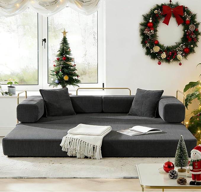 78" Convertible Sleeper Sofa Bed, Corduroy Folding Sofa Bed with Fixed-Shape Frame, Fold Out Floor Mattress Couch, Lazy Compression Sofas for Living Room, Bedroom, No Assembly Required, Grey