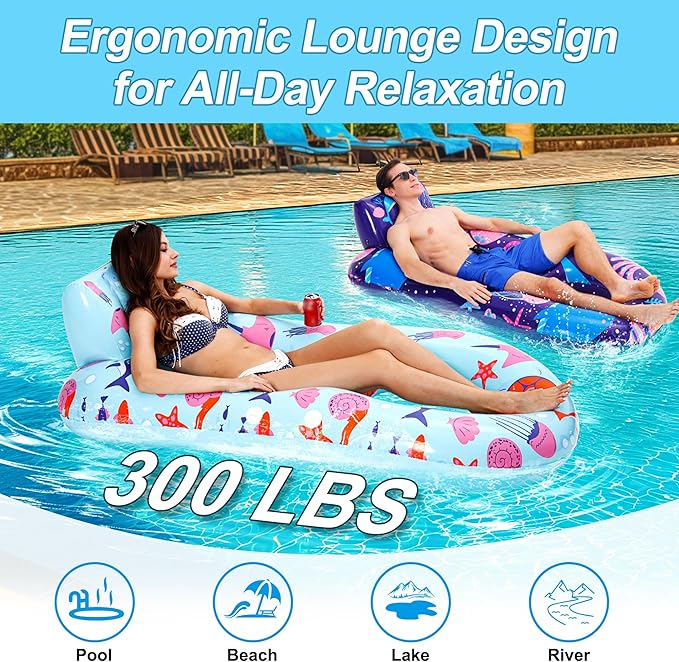 PuppyuWill 2 Pack Pool Floats Adult,Inflatable Pool Lounger Float Heavy Duty with Cup Holder, Backrest & Footrest Pool Lounge Float Extra Large Pool Rafts for Adults Beach Lake Party