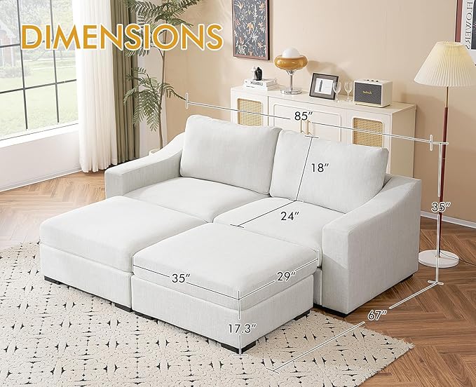 ELUCHANG Oversized Sofa Bed, Upholstered Chaise Lounge Comfy Sleeper Sofa with Soild Wood Frame, Deep Seat Sofa Couch for Living Room Bedroom Apartment, Linen, White