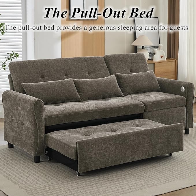 Gagawin 2 in 1 Convertible Sofa Bed with Reversible Recliner, Chenille 3-Seater Couch Sleeper with Pull Out Bed & Adjustable Backrest & Dual USB Charging Ports for Living Room, Gray