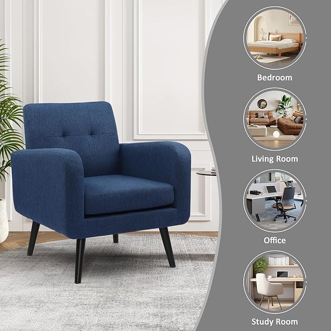 LSSPAID Accent Chairs Set of 2, Modern Blue Linen Fabric Living Room Chairs, Comfy Upholstered Armchairs Single Sofa Chair with Solid Wood Legs for Apartment, Reading, Office