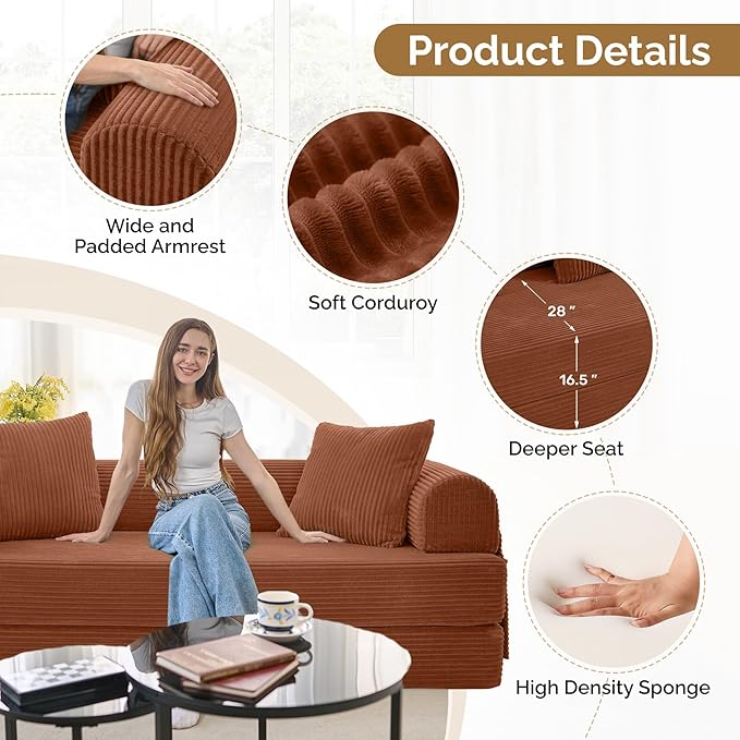 Convertible Corduroy Sleeper Sofa Bed with Cylindrical Pillow, Folding Mattress Couch with Fixed-Shape Frame, Floor Sofa Lounge Couch for Living Room Bedroom Lounge Studio, Red Brown