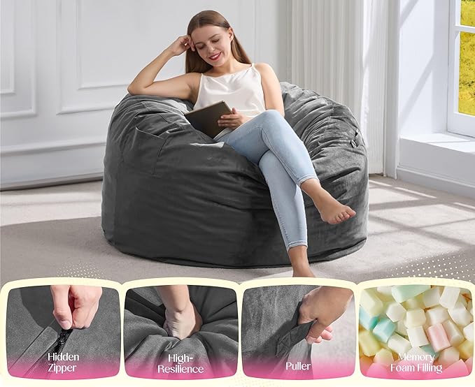 Hobestluk Giant Bean Bag Chair Bed for Adults, Large Bean Bags with High-Density Foam Filling, Convertible Big Sofa Bed Couch for Living Room, Bedroom, Playroom (Grey, Twin)