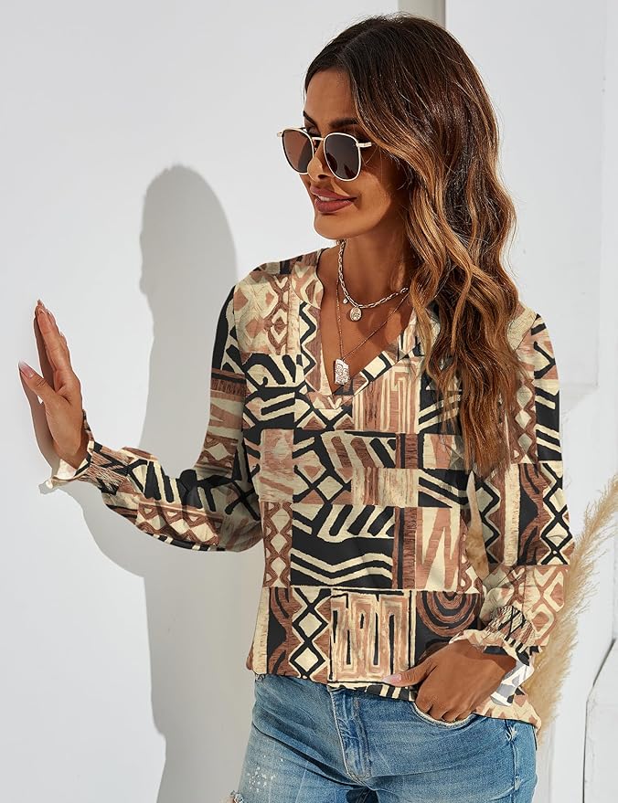 Romanstii Women's Casual V-Neck T-Shirts Loose Puff Long Sleeve Tops Tunic Blouses