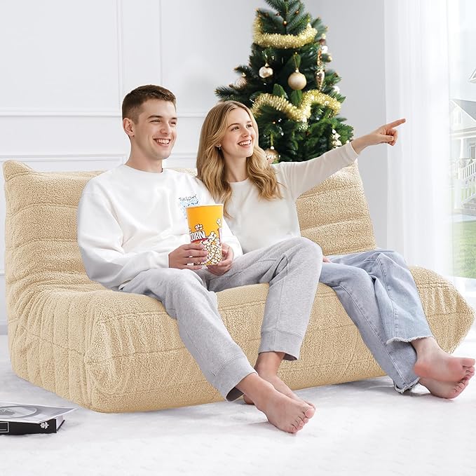 Bean Bag Loveseat Chair Big Sofa Beanbag Chair for Adults Fireside Chair Bean Bag Lounger with Memory Foam Filled for Home,Apartment or Gaming Venue（Khaki Teddy）