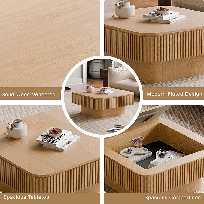 FGXJY Square Small Coffee Table with Storage, Modern Wooden Coffee Table with Solid Wood Veneered, Fluted Center Table Drum Tea Table for Living Room Apartment, 31.5''L×31.5''W×14''H