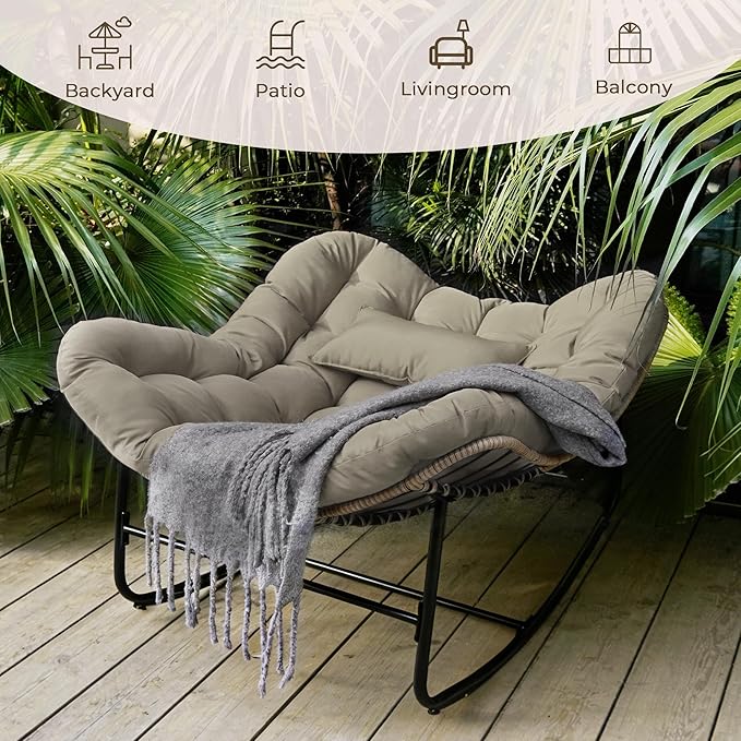 Sgentle Papasan Rocking Chair for Outdoor & Indoor, Oversized Patio Rocking Chair with Cushions & Steel Frame, Wicker Egg Lounge Chair, Comfy Reading Chair for Patio, Deck, Porch (Khaki, Style 2)