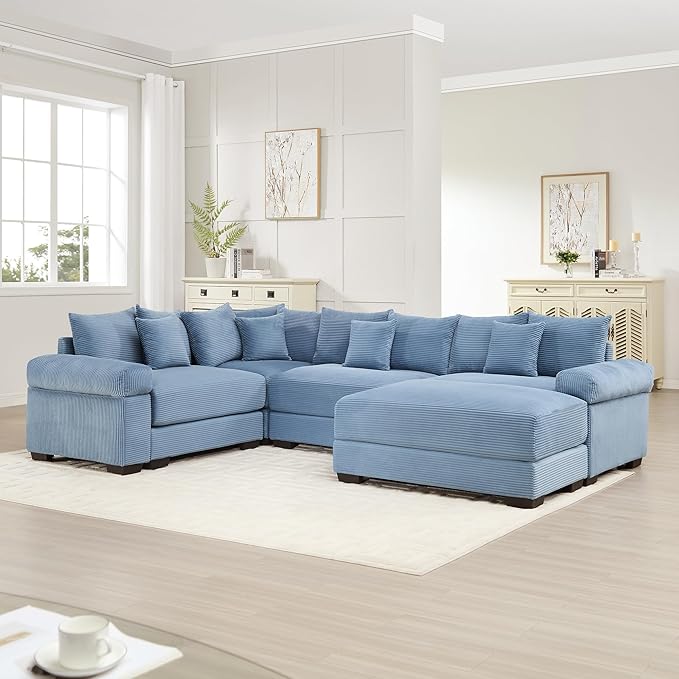 KEIKI 117" U-Shaped Oversized Corduroy Modular Cloud Sectional Sofa with 1 Ottoman, High-Density Foam Cushion, Extra-Thick Armrest, 4-Seater Fluffy Corner Couch with 14 Pillow, for Living Room, Blue