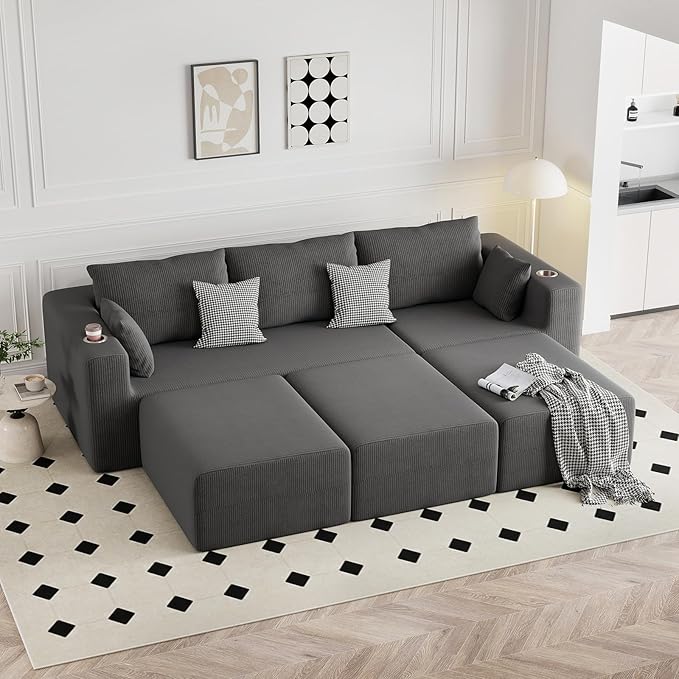 Furnimart 41" Big Oversized Ottoman for Modular Sectional Sofa Bed, Modern Boneless Large Ottoman Compression Footstool Cloud Couches for Living Room, No Assembly Corduroy Dark Grey