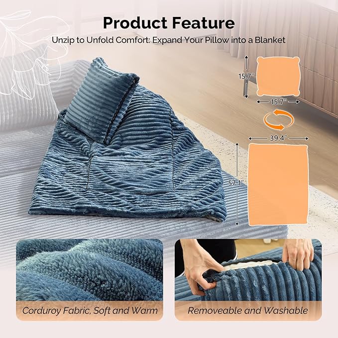 VINGLI Convertible Futon Sofa Bed, Upholstered Corduroy Boneless Couch King Size Floor Loveseat Sleeper Sofa with 2-in-1 Throw Pillow, Couches for Living Room, Bedroom, Lounge, Navy Blue