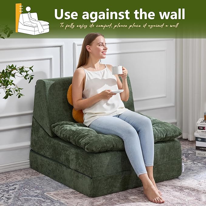Hobestluk Sofa Couch Folding Sofa Bed Comfy Floor Lounger Convertible Sofa with Removable Cushion Couches for Small Spaces Foldable Mattress for Living Room Bedroom or Office (Chenille Green, Large)