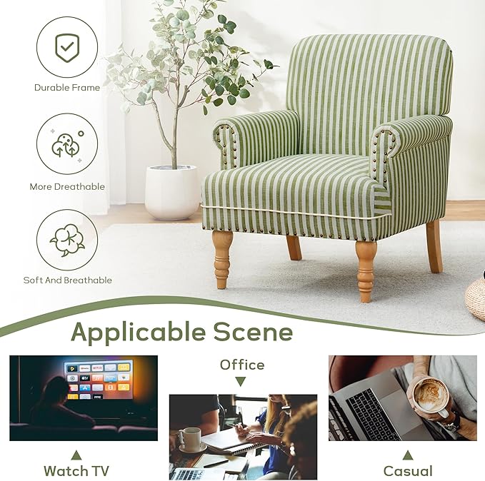 HUIMO Linen Fabric Accent Chair, Mid-Century Modern Armchair with Solid Wood Legs, Single Sofa Chair,Upholstered Reading Club Chair (2, Green and White Stripe)