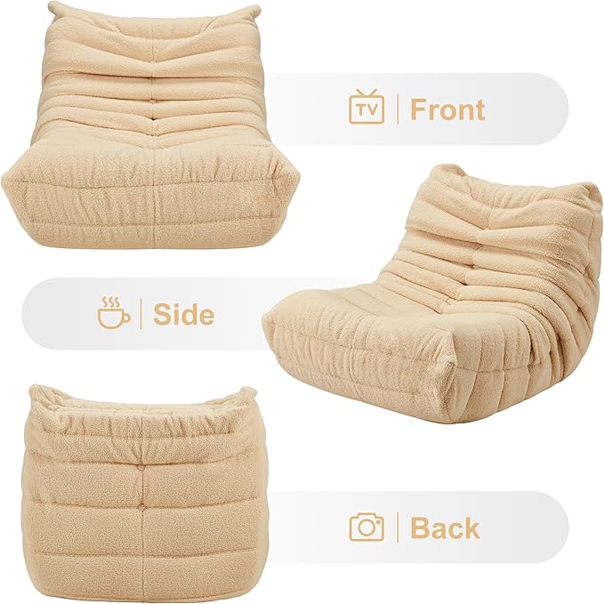 Bean Bag Chairs for Adults Giant Bean Bag Chair Memory Foam BeanBag Chair Bean Bag Sofa with Filler Faux Fur Fireside Beanbags Lazy Sofa for Living Room Bedroom Office (Khaki Teddy, Single)
