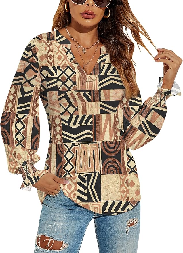 Romanstii Women's Casual V-Neck T-Shirts Loose Puff Long Sleeve Tops Tunic Blouses