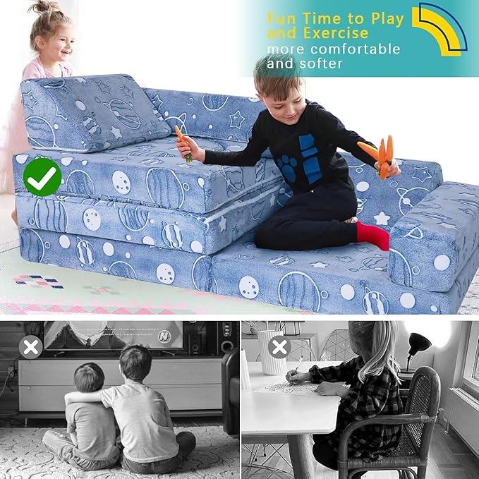 MeMoreCool Kids Modular Couch – 10-Piece Set, Fold-Out Sofa for Boys & Girls, Glow-in-The-Dark Space Theme Convertible Fort Builder | Washable Cover | Ideal for Playroom, Bedroom