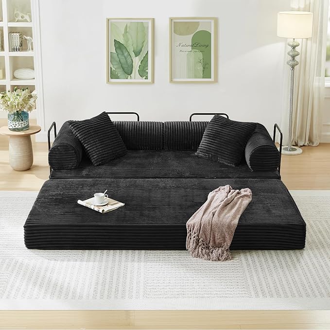 Modular Couch Bed, Convertible Folding Plush Corduroy Comfy Floor Memory Foam Compression Loveseat Sleeper Sofa Couch, King Size Bed for Guest Room Living Room Bedroom, No Assembly Required, Black