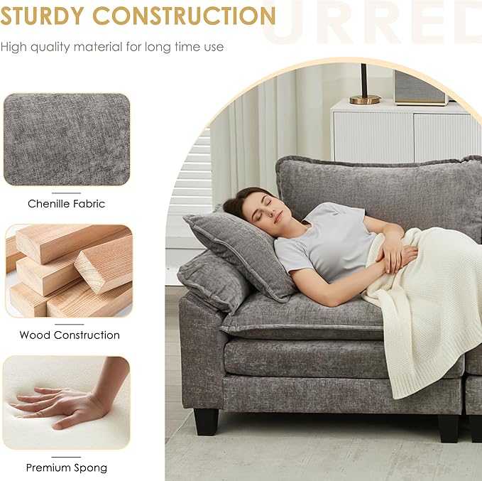 URRED Cloud Couch Modular Sectional Sofa, 122'' Modern L Shaped Deep Seat Sofa with Ottoman & Pillows, Ultra Comfy Chenille Couches for Living Room, Bedroom or Apartment, Gray