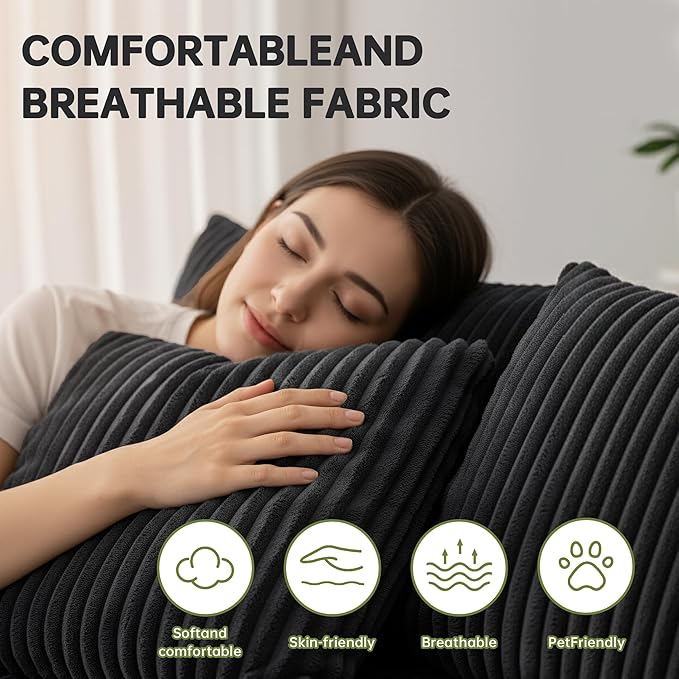 130" Boneless Couch, Cloud Couch Sectional, Corduroy Sofa for Living Room, U Shaped Modular Sofa with Chaise, No Assembly, 4 Seats Oversized (Black)