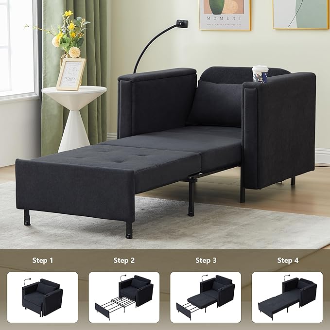 ORRD Pull Out Sofa Chair Bed, 2-in-1 Multi-Functional Sleeper Couch Small Loveseat Bed with Hidden Side Table, Phone Holder and Cup Holder for Living Room, Small Space, Apartment (Black)