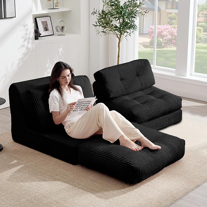 Tbfit 35.8'' Folding Sofa Bed, Convertible Sleeper Chair with Large Pillow, Corduroy Folding Couch Bed, Portable & Foldable Mattress Boneless Floor Sofa Set of 2, Black