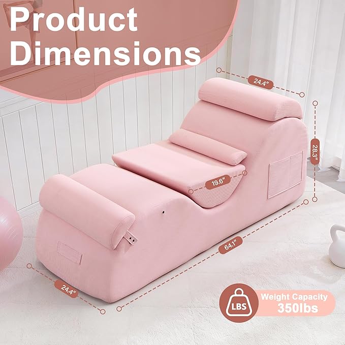 DRMBOOK Yoga Chairs for Adults, Corduroy Fabric Chaise Lounge with Headrest, Boneless Yoga Sofa Couch with Waist Cushion, Movable Footrest, Side Pockets for Relaxation Exercise Stretching (Pink)