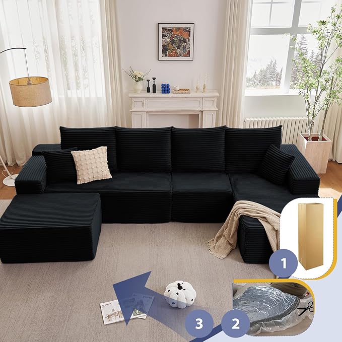 135.4" W Cloud Sectional Couch with Ottoman,Modern U-Shaped Cloud Couch with Deep Seat,Comfy Corduroy 4-Seater Sofa,Memory Foam Sofa for Living Room,No Assembly (Black,Right-Facing Chaise)