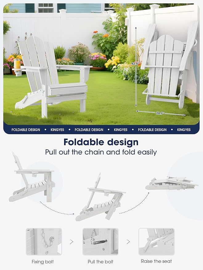 KINGYES Folding Adirondack Chair Set of 6, HDPE All-Weather Patio Chairs with Cup Holder, Wooden Textured Fire Pit Chairs for Poolside, Backyard, Deck, White