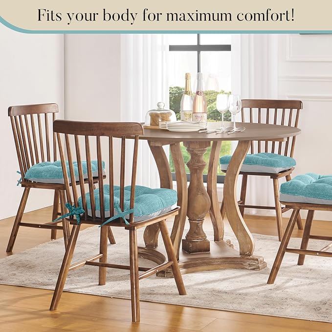 Basic Beyond Chair Cushions for Dining Chairs 4 Pack, Chair Cushion with Ties and Non Slip Backing, 15.5 x 15.5 inches Tufted Chair Pads for Dining Chairs(Aqua Blue)